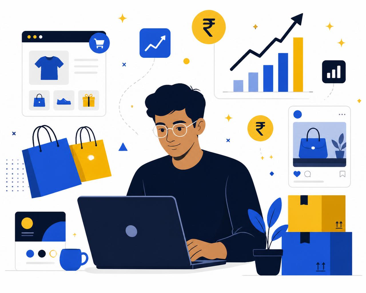 Young entrepreneur building a brand on laptop with ecommerce, packaging and growth charts